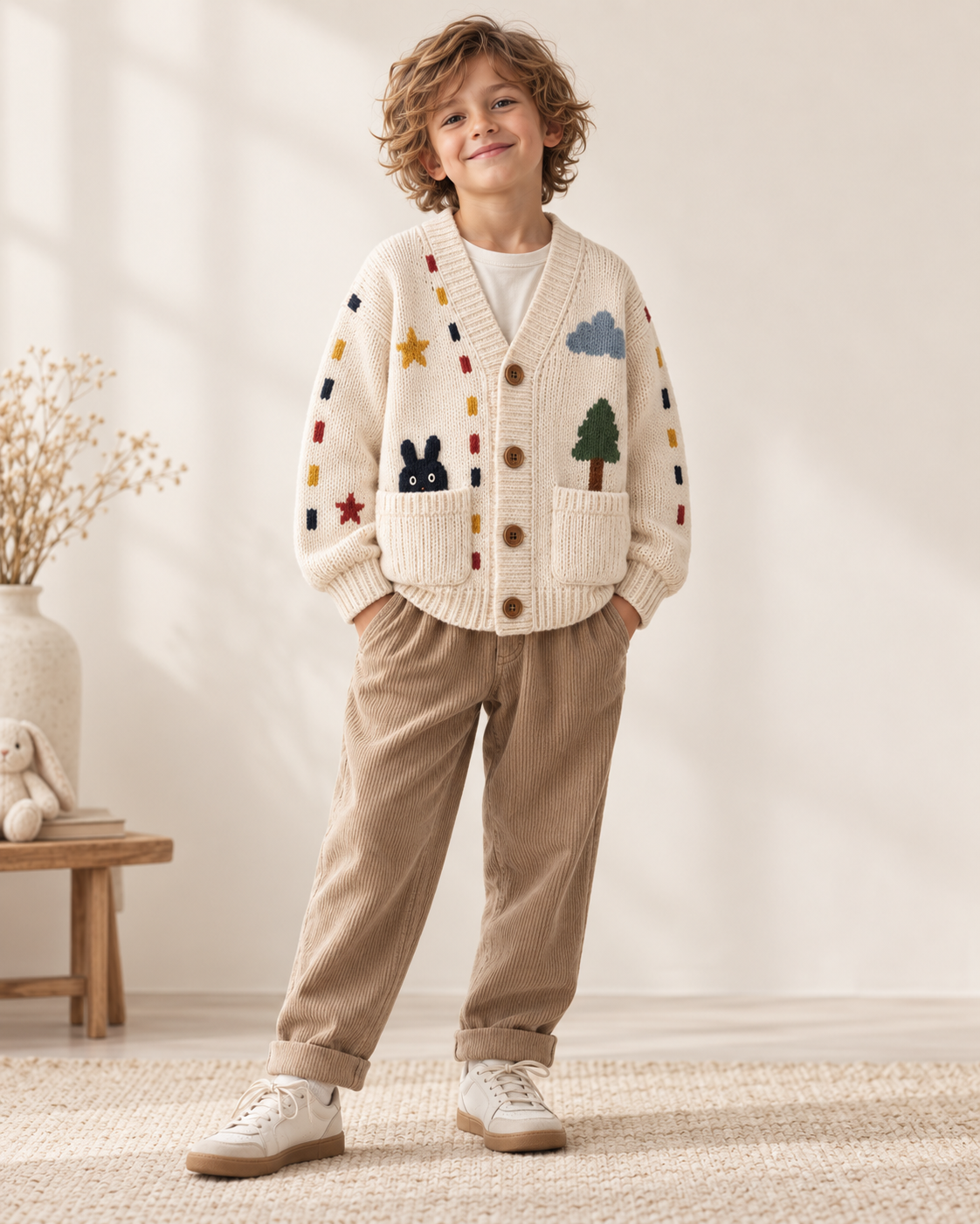 Cardigan Imaginación color crema con personajes y bordados de colores