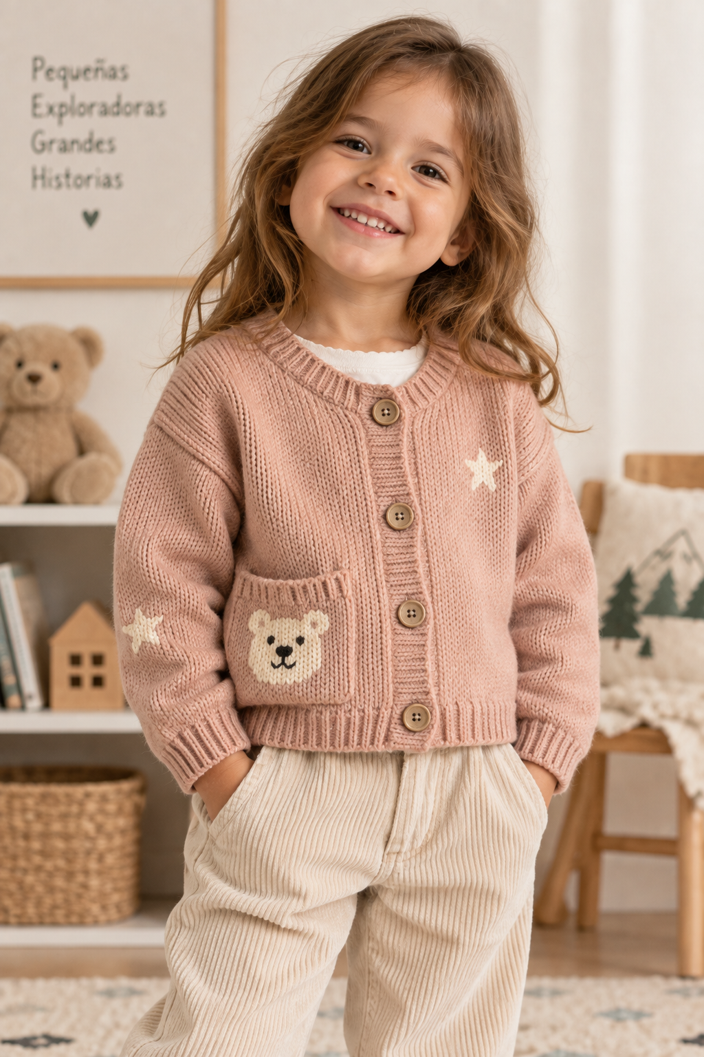Cardigan Little Inumi rosa con una estrella y un oso en el bolsillo
