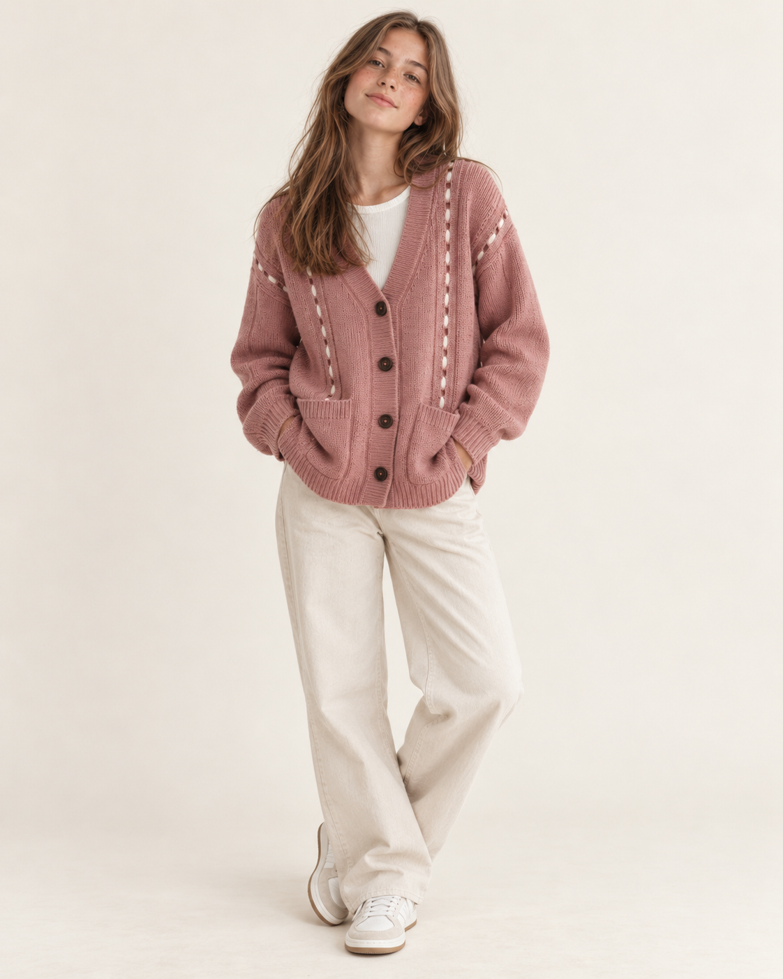 Cardigan Trama rosa con botones y detalles en crema