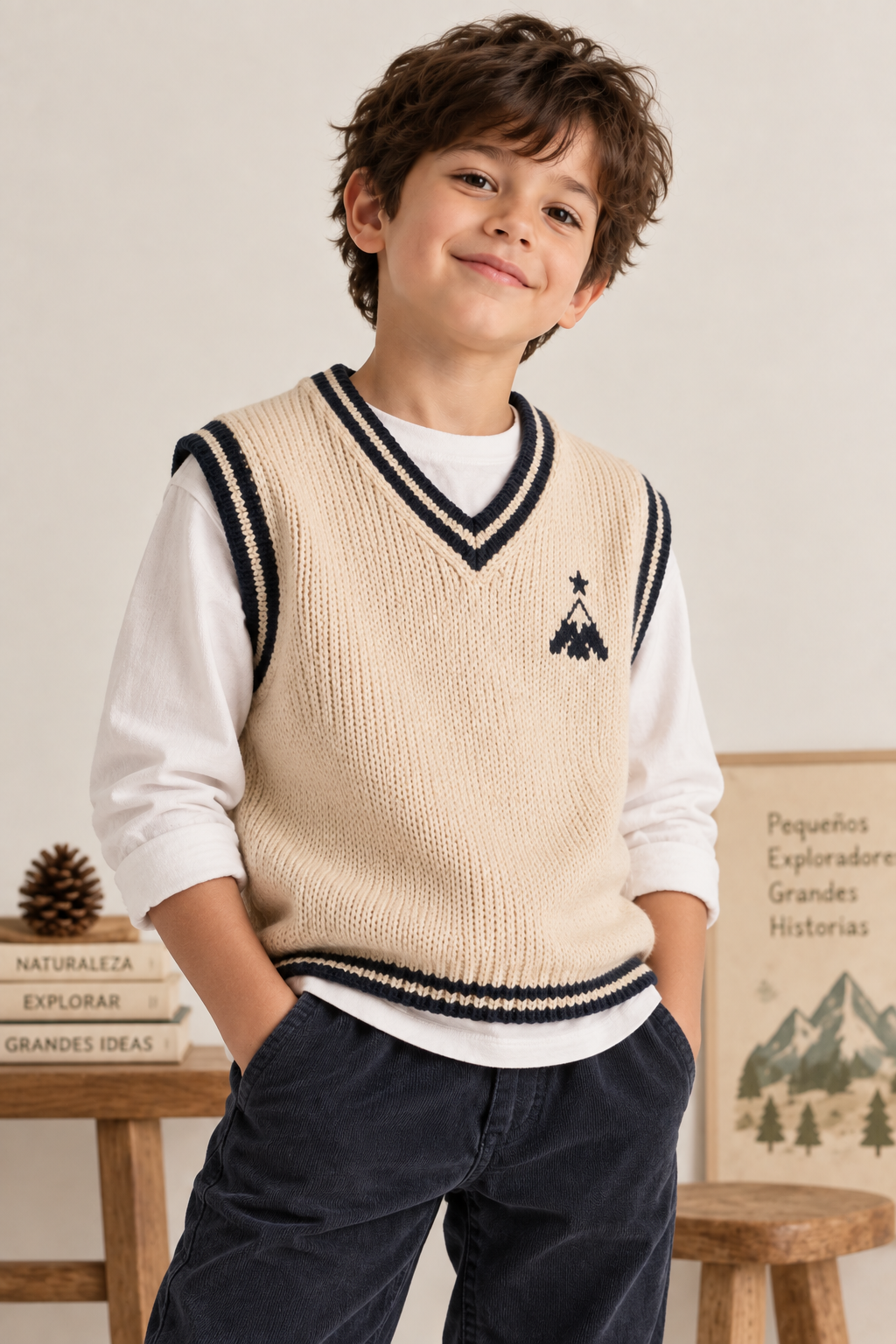 Chaleco Explorador crema con bordes azules y una montaña bordada