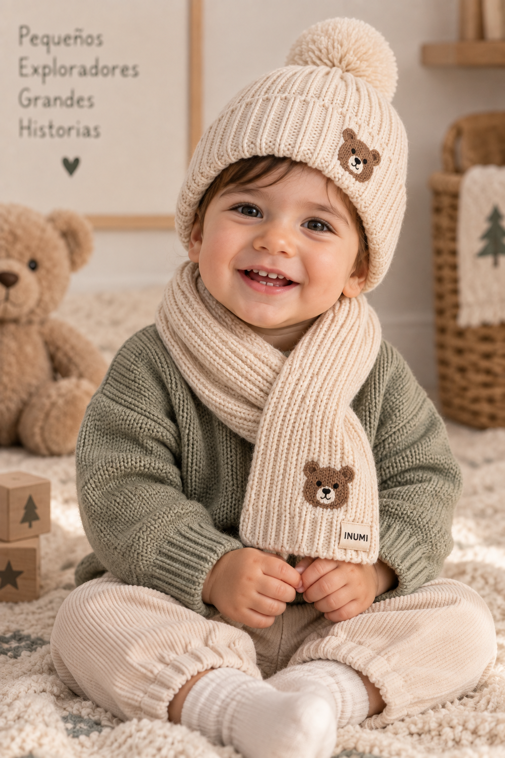 Bebé con gorro y bufanda tejidos en crema con detalles de osos